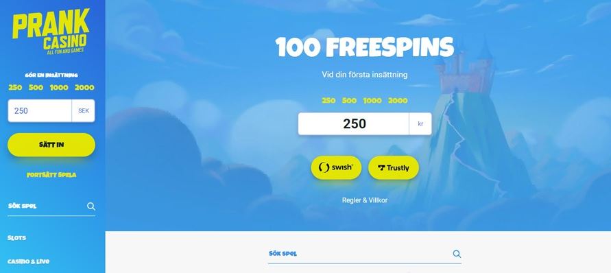 Få 100 freespins vid första insättningen på Prank Casino